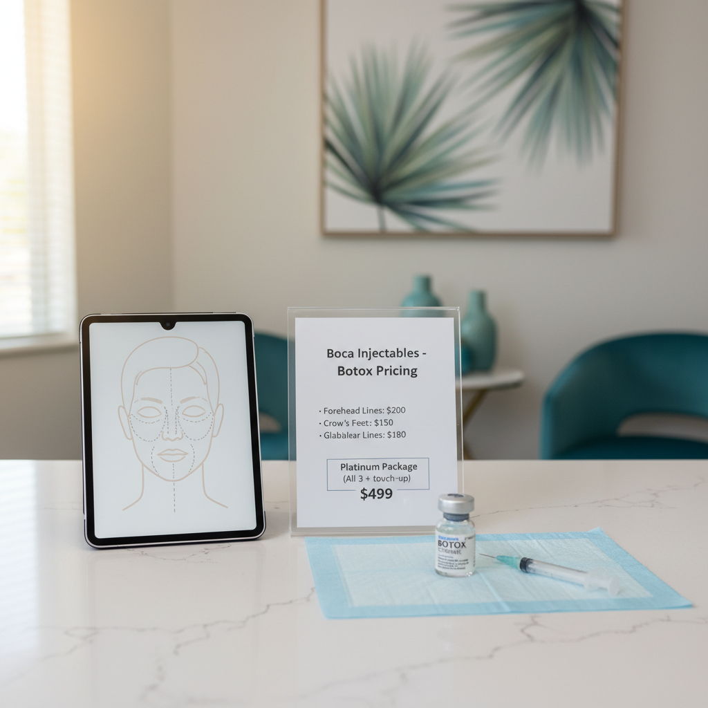 A highly detailed, photographic realism image of an elegant Botox consultation setup on a white quartz countertop in a Boca Raton clinic. A slim, silver-framed tablet displays a facial diagram with treatment zones, positioned beside a crystal-clear acrylic stand holding a printed price list highlighting affordable Botox packages. Next to it, a single unopened Botox vial and capped syringe rest diagonally on a disposable blue pad. In the background, out of focus, are subtle hints of palm-themed wall art and soothing teal accents. Soft overhead LED lighting and filtered daylight from a nearby window create a bright, balanced illumination with minimal shadows. The scene is composed using the rule of thirds, evoking transparency, trust, and professional guidance in a clean, modern setting.