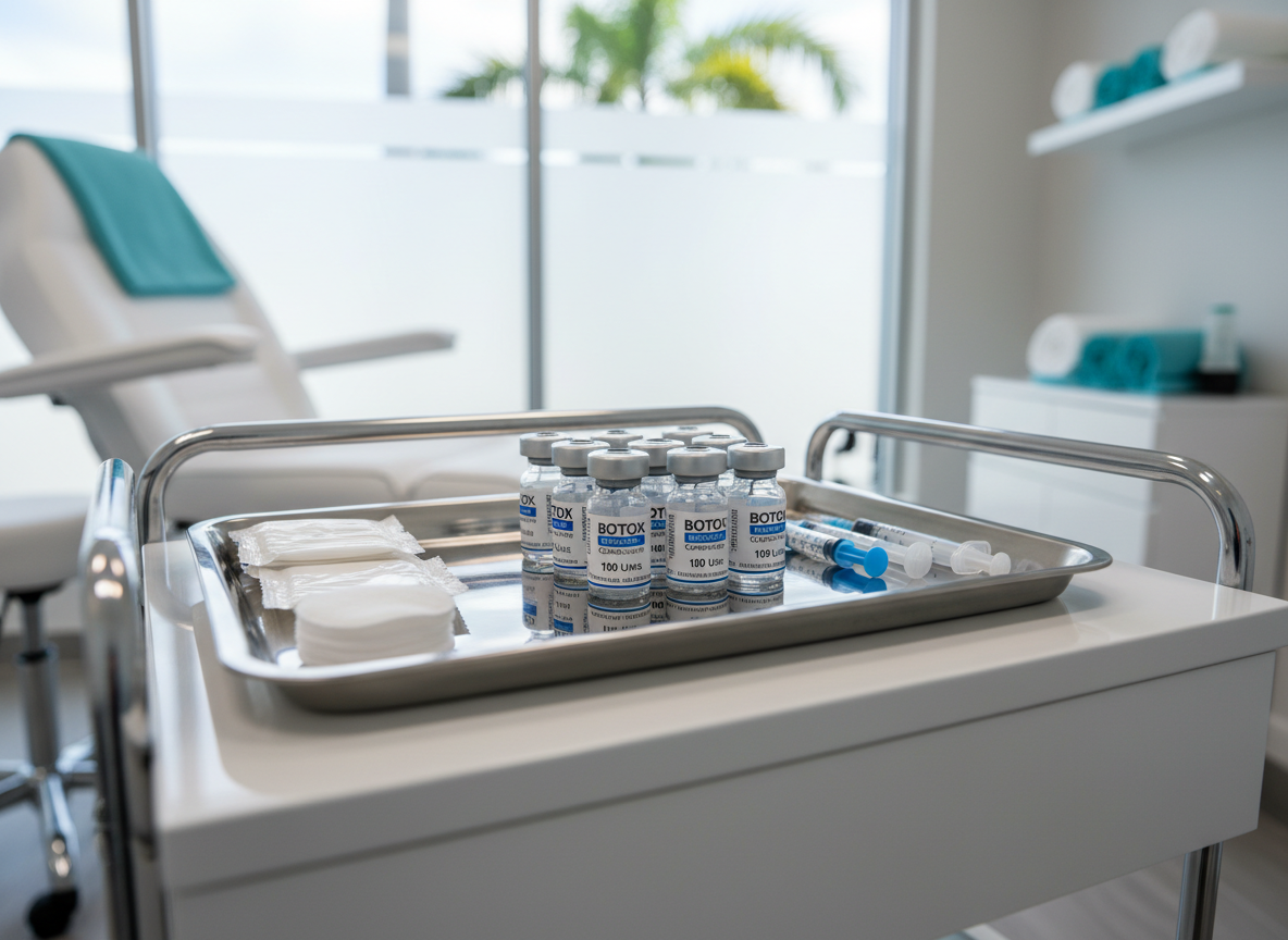A close-up, photographic realism shot of a pristine, stainless-steel Botox injection tray arranged on a glossy white treatment cart in a modern Boca Raton aesthetics clinic. The tray holds neatly lined, labeled vials of clear solution, sterile syringes with protective caps, alcohol swabs, and cotton pads, all meticulously organized. The environment is a bright, sunlit treatment room with turquoise accents and a hint of palm trees visible through a large frosted window. Soft, diffused daylight fills the scene, creating gentle reflections on the metal and glass surfaces. Captured at eye level with a shallow depth of field, the background fades into a soft blur, emphasizing cleanliness, professionalism, and an affordable yet upscale medical spa atmosphere.